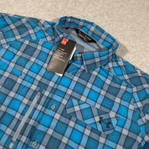 Under Armour Button Down Shirt Men XL Blue Plaid NWT HeatGear UPF 50+